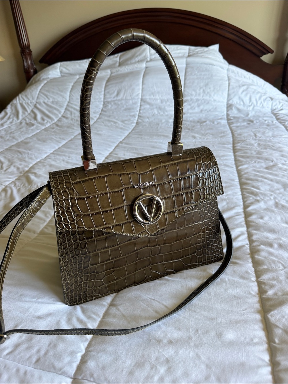 Valentino Garavani Olive Croc-Embossed Top Handle Shoulder Bag with V Logo